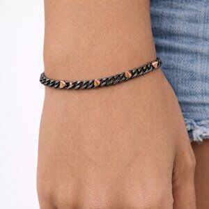 Carabiner Hematite Pyramid Stud Cuban Link Chain Bracelet Gift Goth Punk Rock